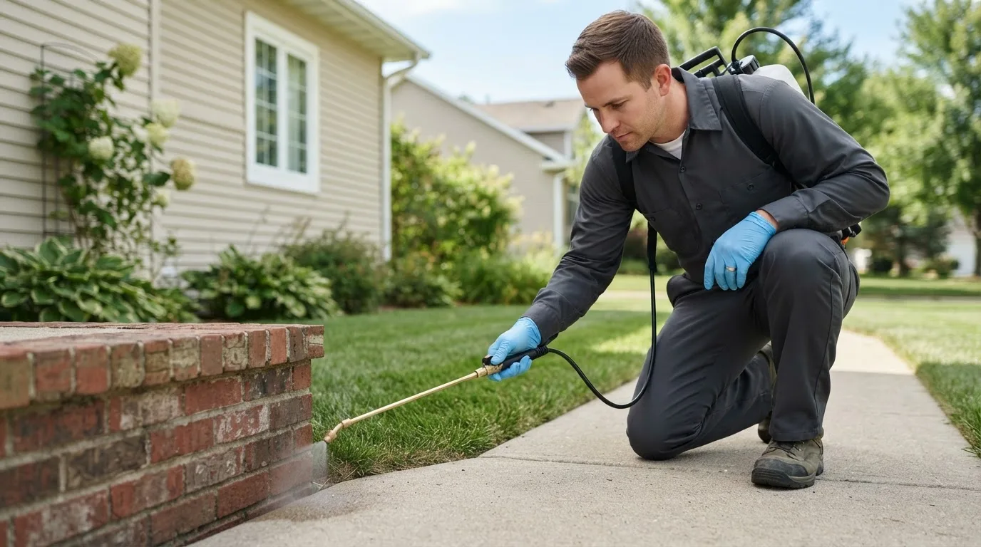 Pest control technician treating a home near Yolyn, WV