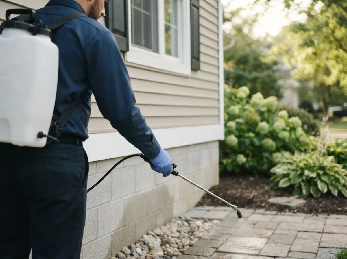 Pest control technician inspecting a home in Yolyn, WV